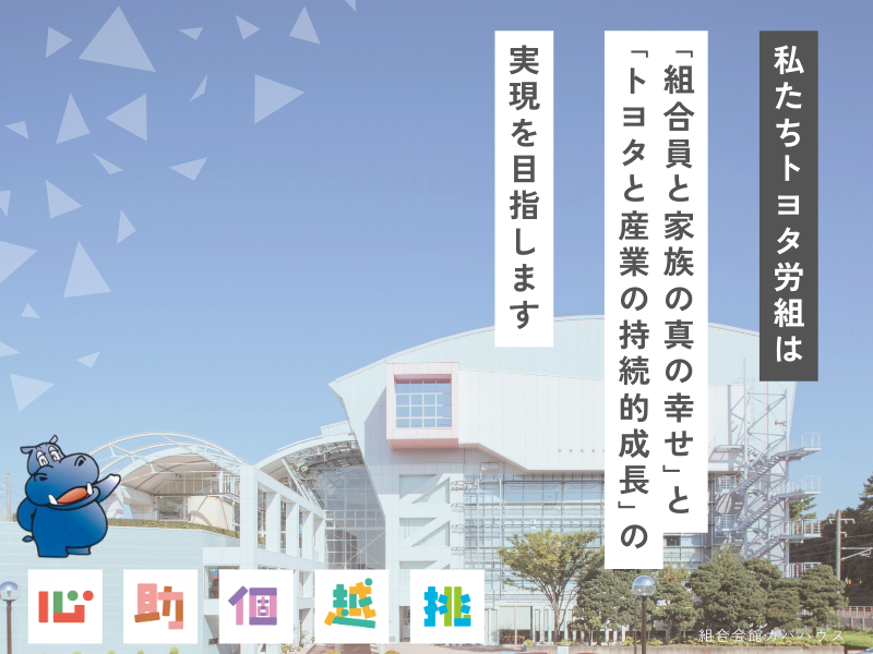 私たちトヨタ労組は「組合員と家族の真の幸せ」と「トヨタと産業の持続的成長」の実現を目指します　心助個越挑